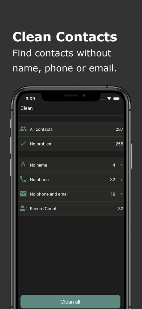 Export Contact to XLS PDF VCF - Interface of the Clean Contacts feature showing categories for contacts with missing names or phone numbers and a clean all button