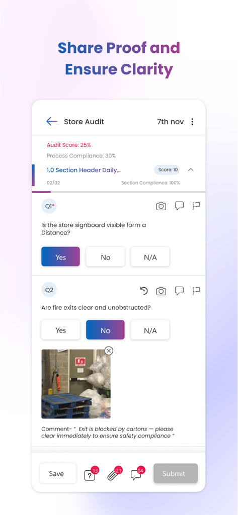 Taqtics store audit interface showing a compliance checklist with photo verification for a blocked fire exit.