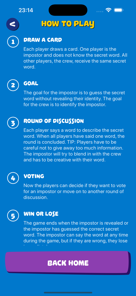 Cluso – Find the Impostor - Una pantalla que muestra las instrucciones de cinco pasos sobre cómo jugar al juego de deducción social Cluso