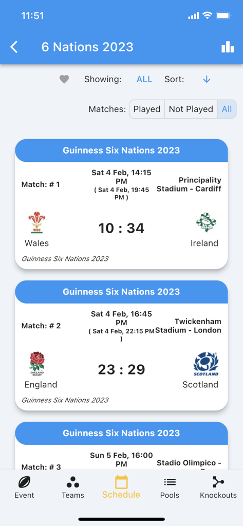 La aplicación Macoocoo que muestra los resultados y el calendario de partidos del torneo de rugby.