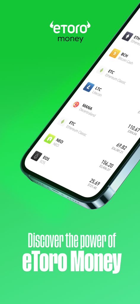 eToro Money - Smartphone showing the eToro Money app interface with a list of cryptocurrency holdings