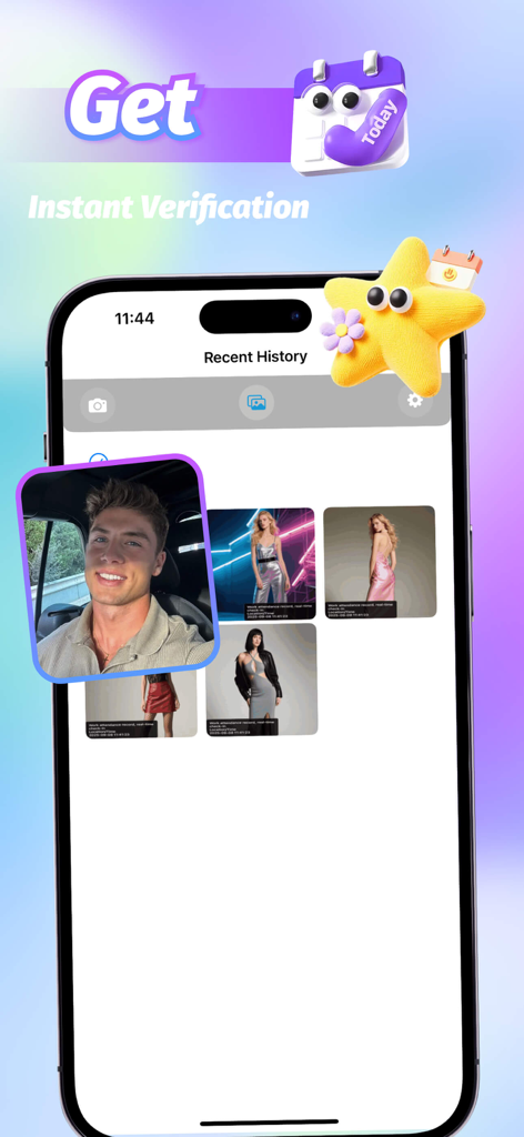 Doboy - Doboy App-Oberfläche, die eine Galerie von mit Wasserzeichen versehenen Fotos und ein Selfie zur sofortigen Verifizierung anzeigt