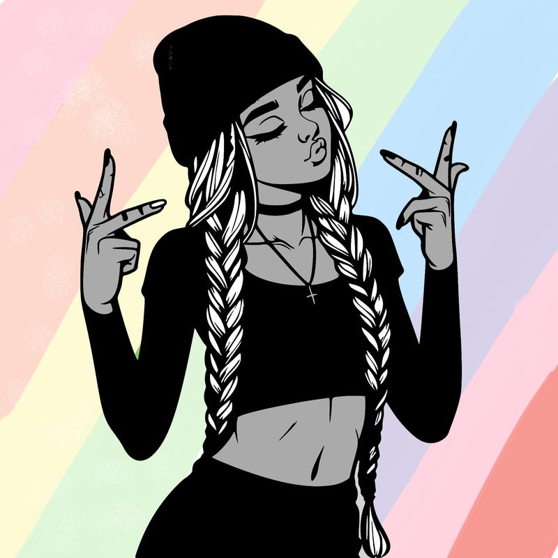 realistic teenage girl with braids and a beanie and crop top doing 🫶🏼
