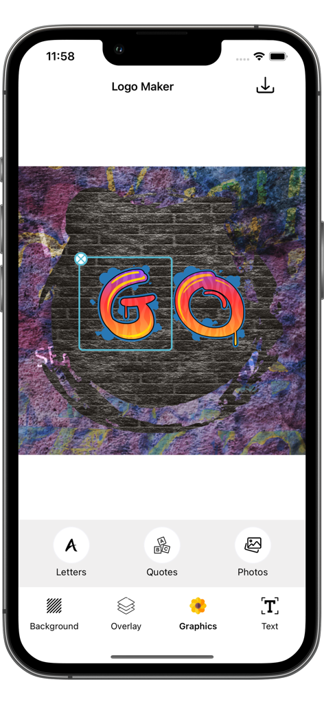 Interface of the Graffiti Logo Maker app showing a custom logo design with stylized letters on a brick wall background