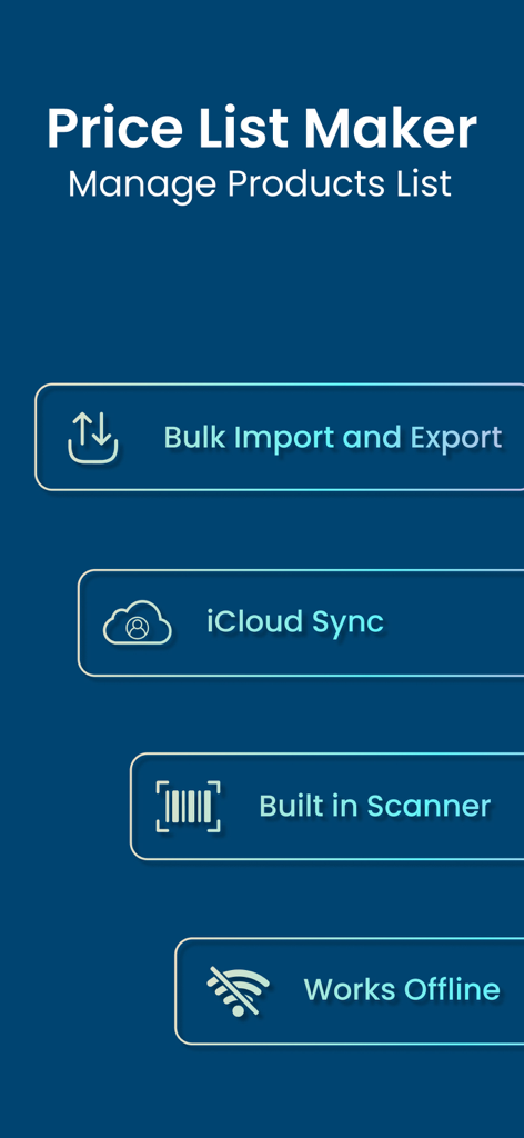 Interface showcasing Price List Maker features like bulk import iCloud sync built-in scanner and offline mode