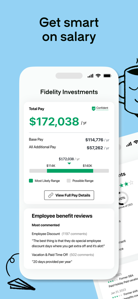 Glassdoor app interface showing total pay breakdown and employee benefit reviews for a company