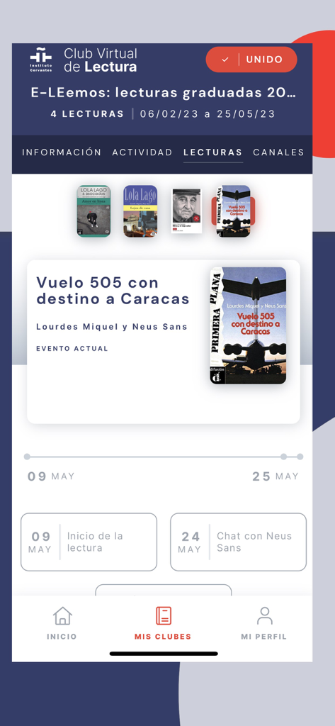 Clubes virtuales IC (oficial) - A screenshot of the Clubes Virtuales IC app showing a list of Spanish graded readings and event dates.