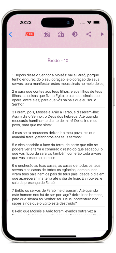 Biblia Católica  - Ave Maria - Pantalla de lectura de la aplicación Biblia da Mulher mostrando el texto de Éxodo capítulo 10 en portugués