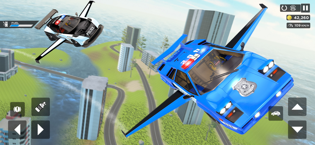 Flying Car Game: Police Games - A blue futuristic police car with wings flying over a 3D city landscape in a mobile simulation game.