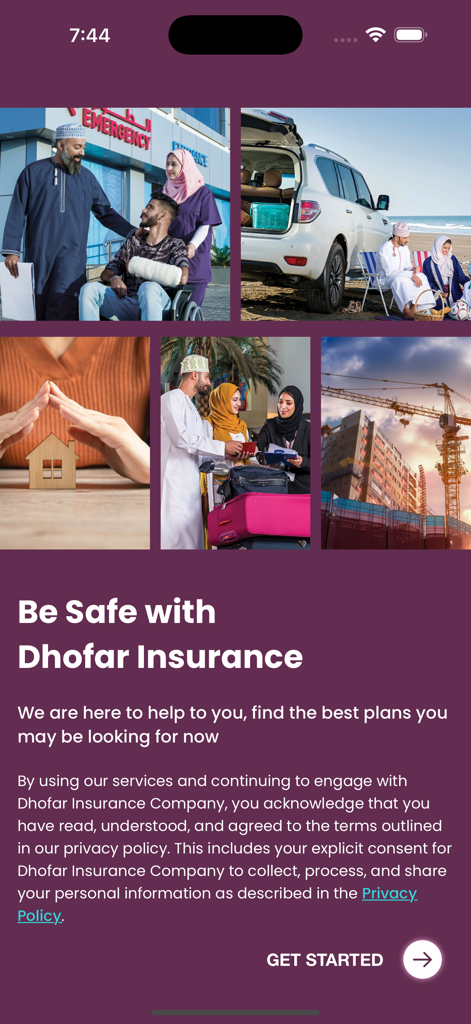 Dhofar Insurance - Dhofar Insurance mobile app welcome screen showing images of medical home auto and travel insurance services