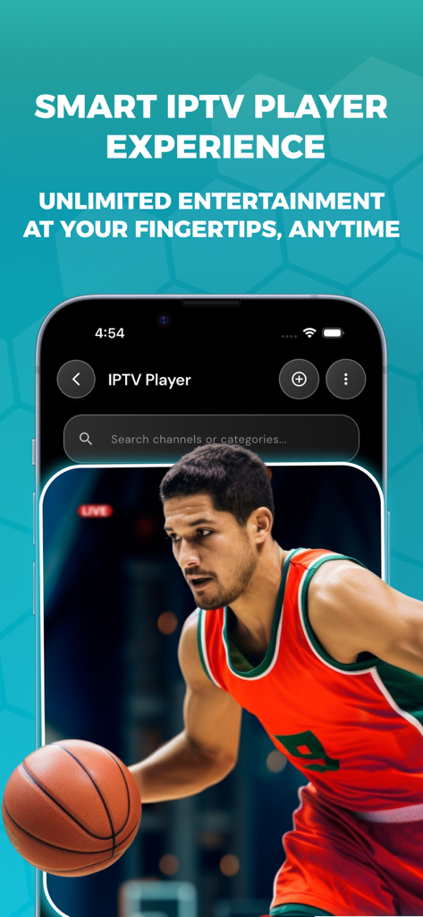Interfaccia dell'app Buffstreams che mostra il lettore IPTV smart con uno stream di basket live
