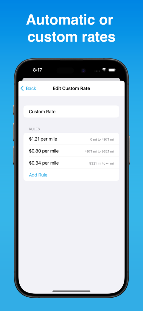 Interfaccia per l'impostazione di tariffe di rimborso chilometrico personalizzate nell'app DriveLog.