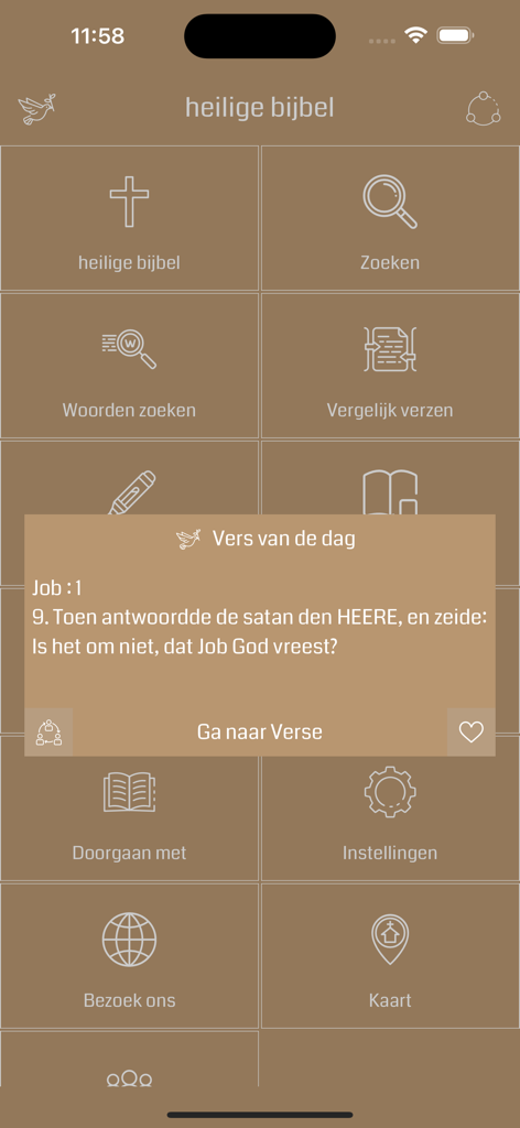 Dutch Bible Offline - Dutch Bible Offline app interface showing the verse of the day popup
