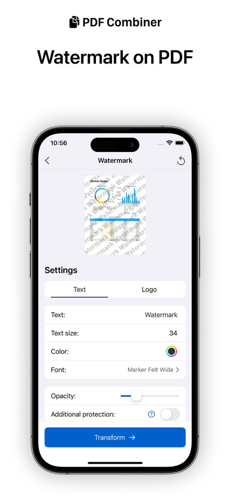 Mobile App-Oberfläche zum Hinzufügen von Text- oder Logo-Wasserzeichen zu PDF-Dateien