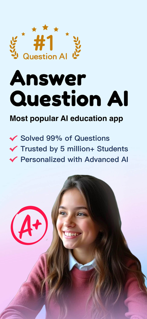 Quiz AI - AI Study Companion - Smiling student with an A plus grade showing the features and success rate of the Quiz AI education app