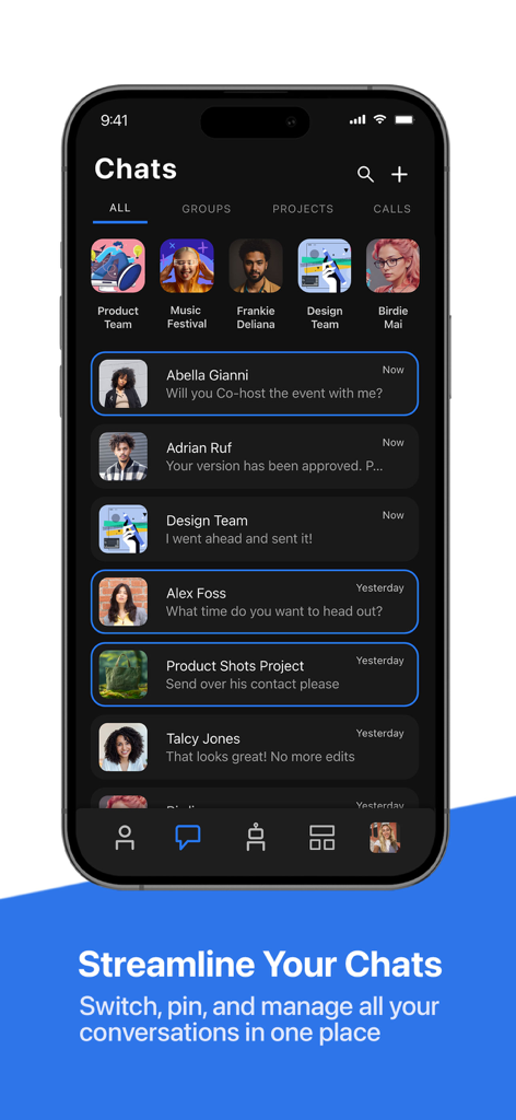 FYI.AI (Focus Your Ideas) - FYI AI mobile app interface showing a streamlined chat list for creative team collaboration and project management