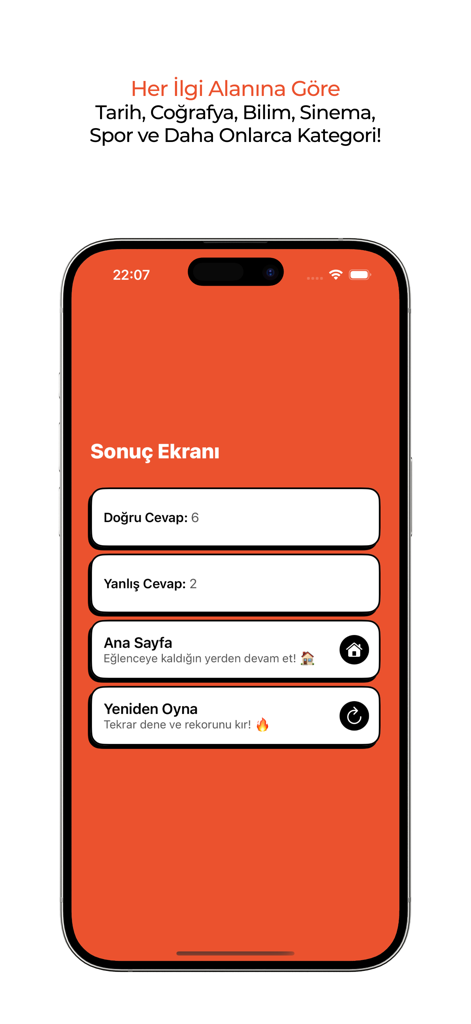 Cuspart: Soru Cevap - Cuspart Trivia-App-Ergebnisbildschirm mit der Anzahl richtiger und falscher Antworten