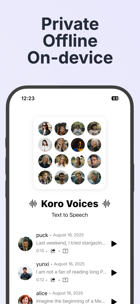 Koro Voices: Text to speech - Interfaz de la aplicación Koro Voices en un iPhone que muestra funciones privadas de texto a voz sin conexión y una cuadrícula de opciones de voz.