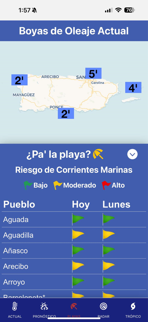 NextWeather: Weather and more! - NextWeather app screen showing wave height buoys and rip current risk levels for various towns in Puerto Rico.