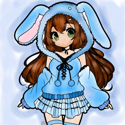 pretty anime girl wearing a fluffy hoodie with bunny ears on the hood and a skirt