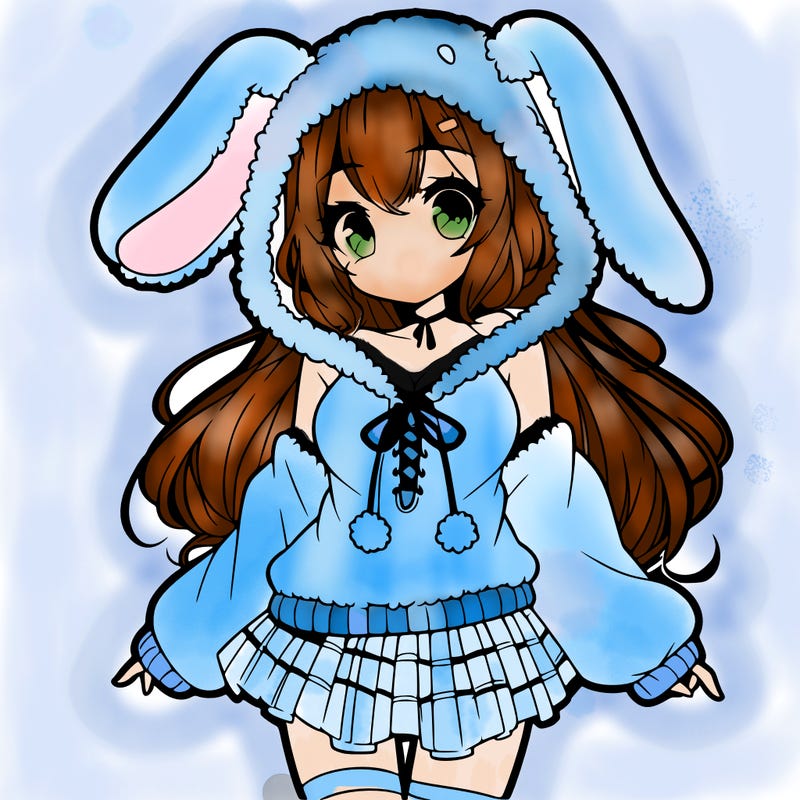 pretty anime girl wearing a fluffy hoodie with bunny ears on the hood and a skirt