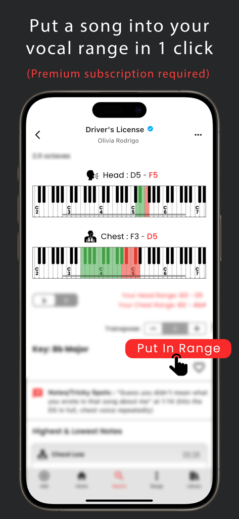 노래하는 사람을 위한 '음역 적용' 기능을 강조하는 보컬 게이지 앱 인터페이스를 보여주는 휴대폰