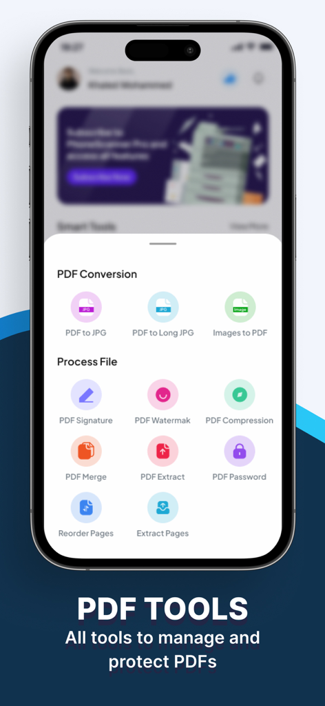 変換、署名、パスワード保護などのさまざまなPDFツールを表示するモバイルアプリのインターフェース