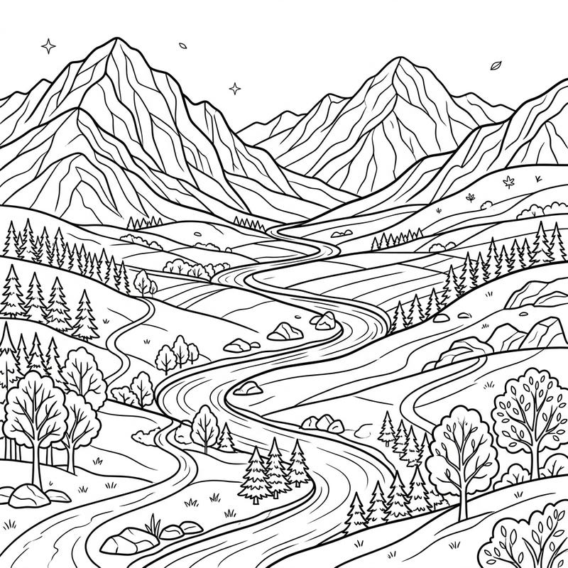 Immerse yourself in the tranquility of nature with this beautiful mountain valley coloring page. Specifically designed with large print and clear outlines, it offers a relaxing and accessible creative experience for seniors.