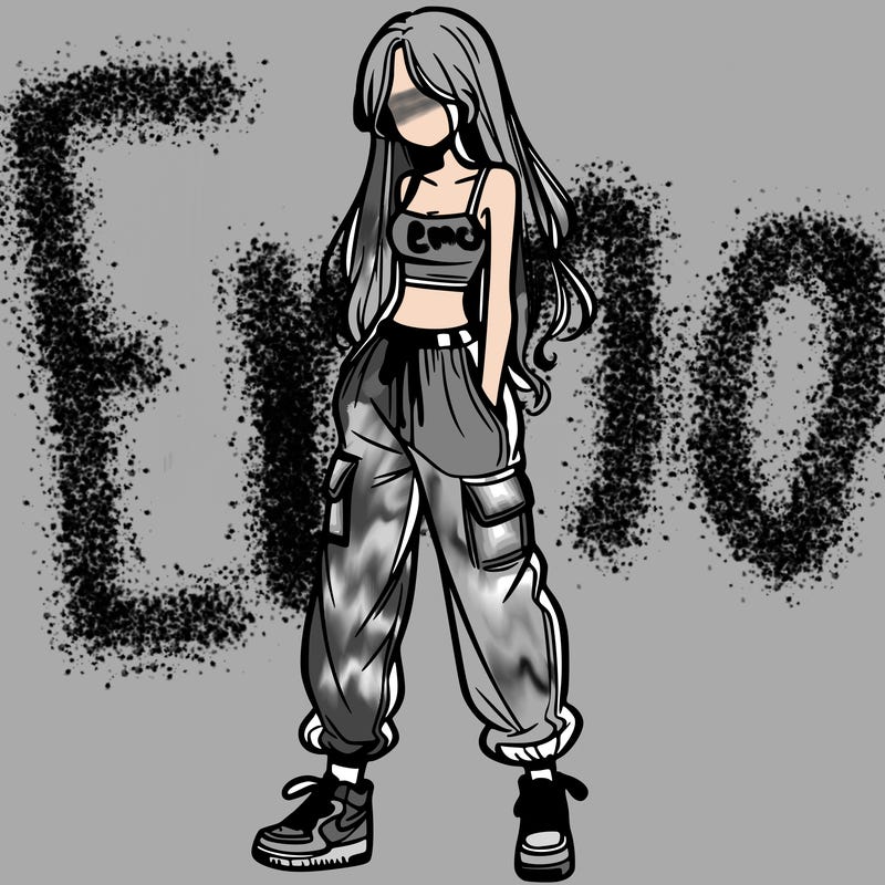 girl in baggy pants crop top and long hair