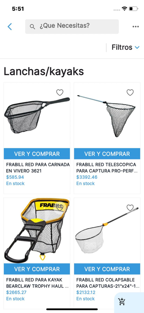 Curricanes.com - Mobile app interface of Curricanes.com showing Frabill brand fishing nets for boats and kayaks
