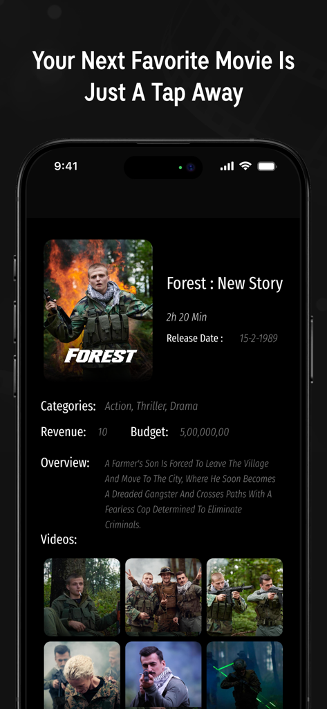 Movies Hub : Movies & TV Shows - Movie details page on Movies Hub app showing synopsis and budget for Forest New Story.