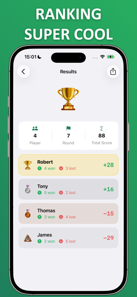 Score Keeper & Scoreboard - Score Keeper app showing rankings for four players with their total scores and match win loss records.