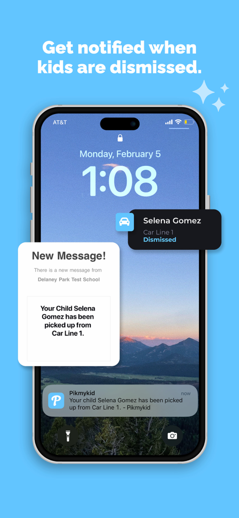 Pikmykid Parent - iPhone lock screen showing a real time notification from the Pikmykid Parent app confirming a child has been picked up from school