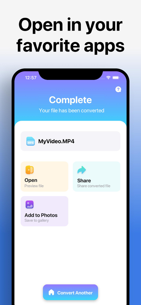 The Video Converter - Interfaz que muestra una conversión de vídeo terminada con opciones para compartir y guardar en fotos