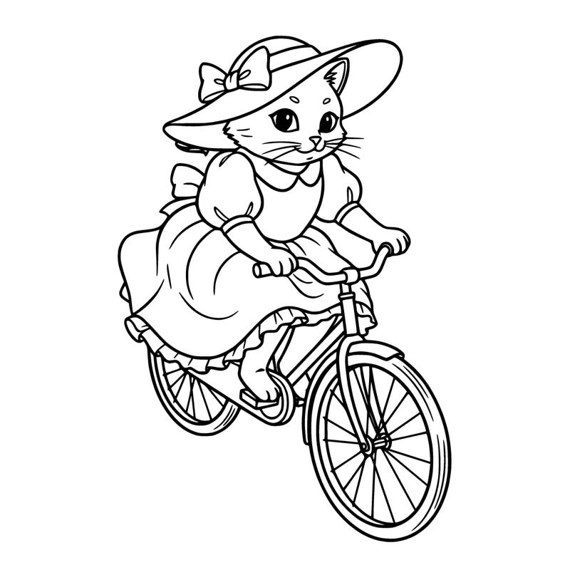 a cat riding a bike wearing a dress and a hat