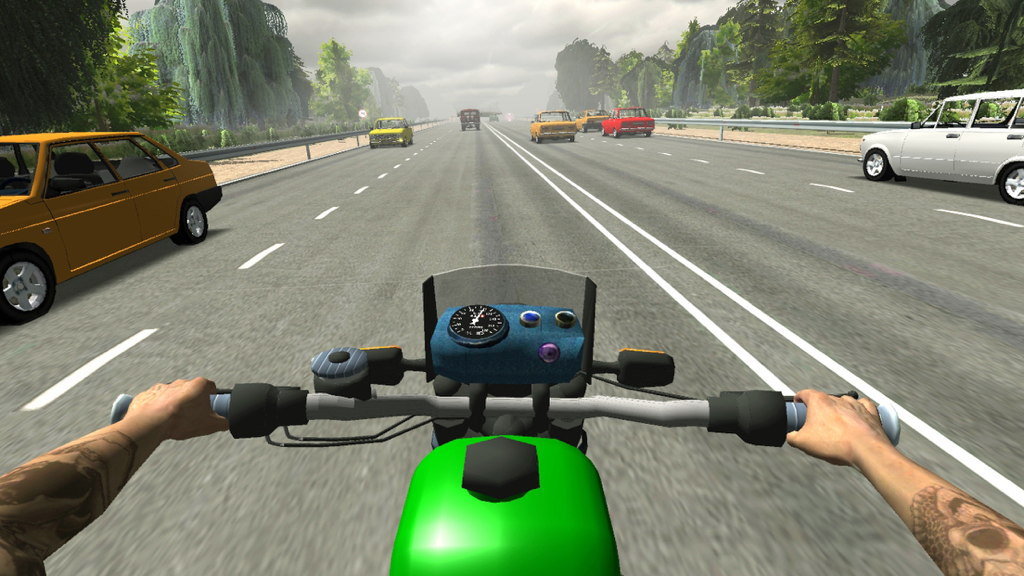 Russian Moto Traffic Rider 3D - First person view of a green motorcycle driving on a busy highway in Russian Moto Traffic Rider 3D