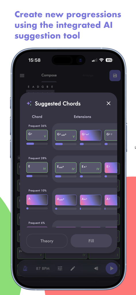 AI chord progression suggestions interface in Horucco music app