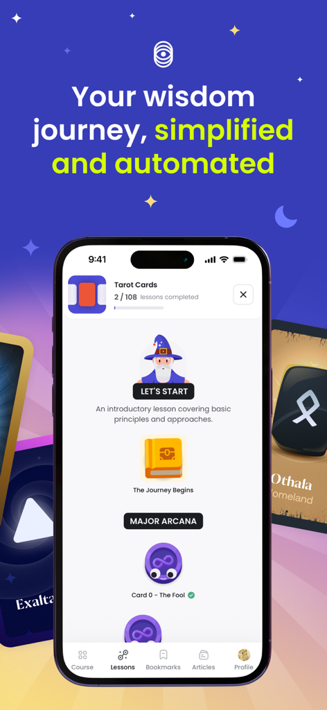 Astra Trainer - Astra Trainer app interface showing a structured Tarot course with lessons and progress tracking
