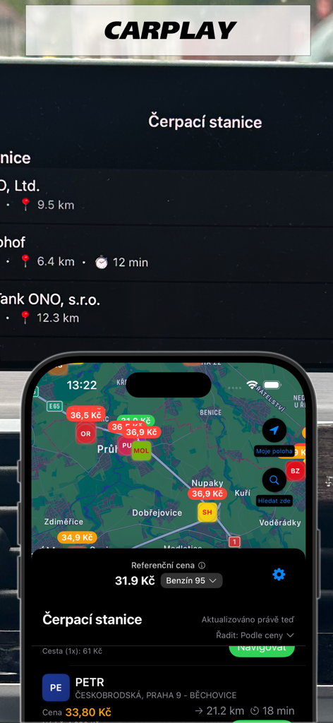 Benzínky - tankování v okolí - Benzínky app interface showing gas station prices on an iPhone map and CarPlay screen.