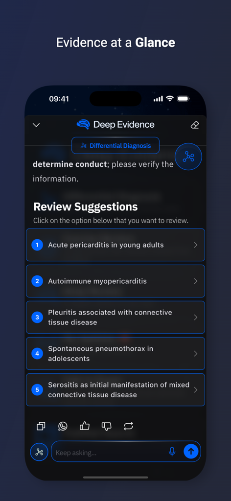 Deep Evidence: Clinical AI - A mobile interface for the Deep Evidence app showing AI generated review suggestions for differential diagnosis