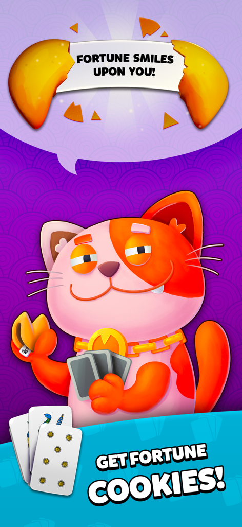 Scopa Dal Negro - Gatto cartone animato che tiene in mano carte da gioco italiane e un biscotto della fortuna in Scopa Dal Negro