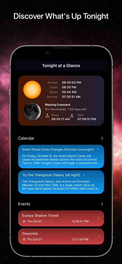 SkySafari 7 Pro mobile interface displaying the Tonight at a Glance dashboard with celestial event planning and moon data