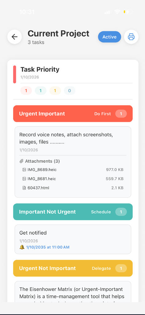 Quadrix - Quadrix mobile app interface showing task prioritization using the Eisenhower Matrix with file attachments and reminders.