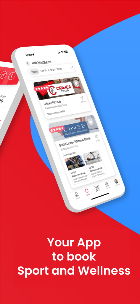 Sportclubby - 予約可能な時間が表示されたフィットネスクラブとウェルネススタジオのリストを示すSportclubbyモバイルアプリのインターフェース