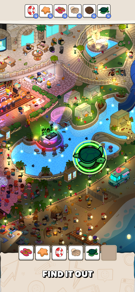 Gameplay of Where Is Find Hidden Objects showing a beach resort scene with items to find and match