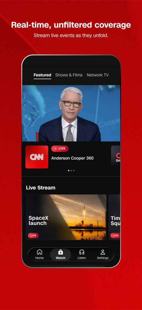 Schermata dell'app CNN che mostra le opzioni di streaming di notizie in diretta e i contenuti video in primo piano