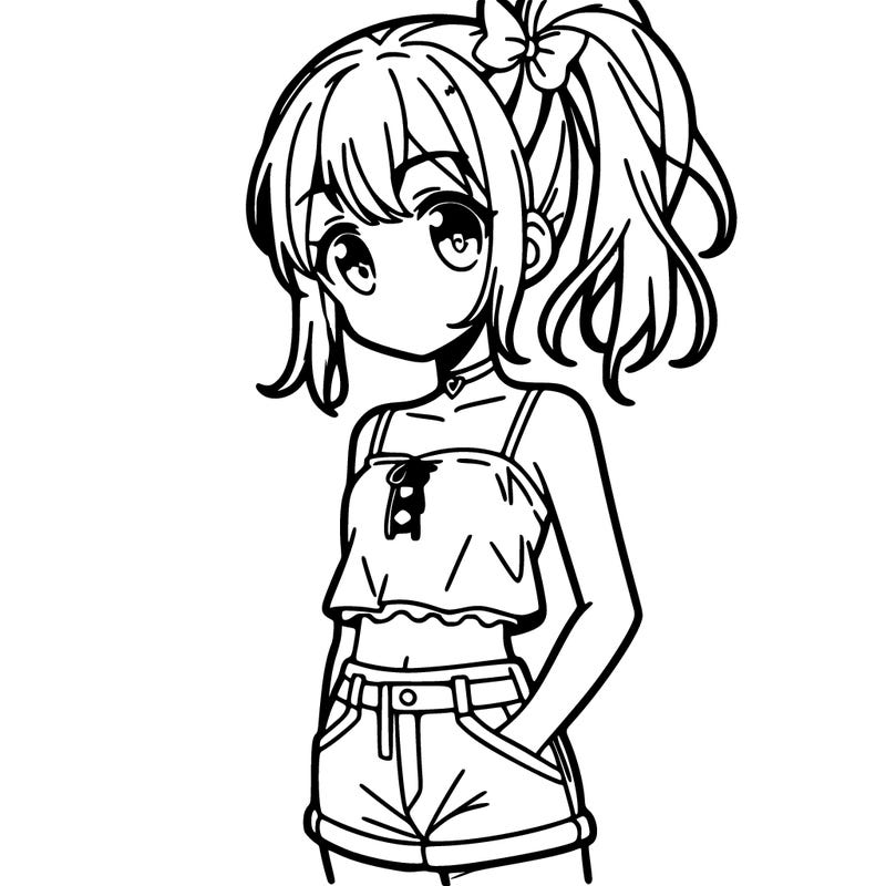 a anime girl wearing a crop top and shorts with a ponytail
