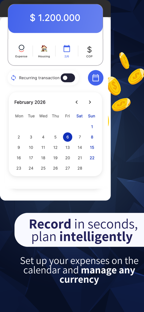 AI Money Manager & Expenses - Interface of AI Money Manager app showing a calendar for scheduling expenses and multi-currency options.