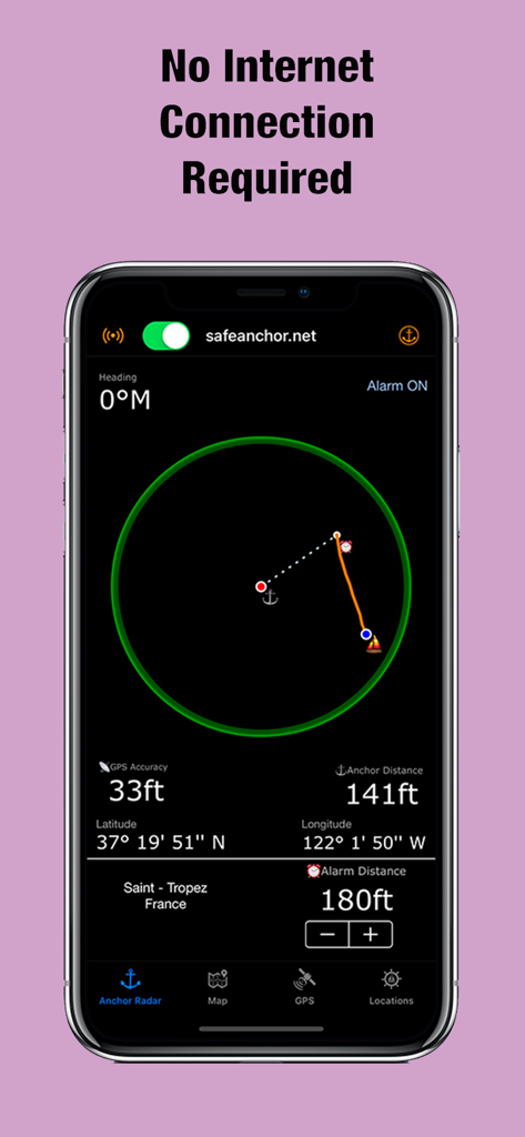 SafeAnchor app radar interface displaying boat position and anchor alarm settings