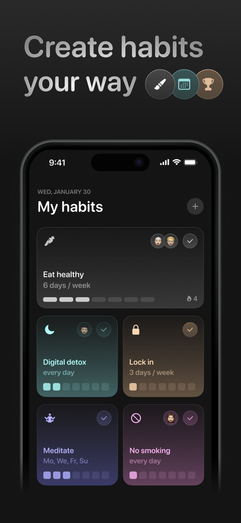 HabitLink: Habits with Friends - A smartphone screen displaying a personalized habit tracking dashboard with categories like healthy eating, digital detox, and meditation alongside friend avatars for social accountability.